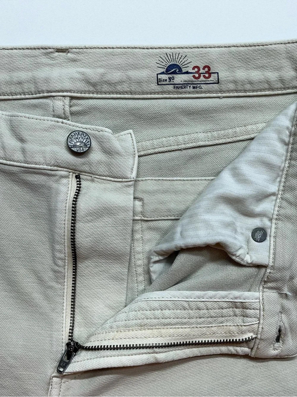 Faherty Five Pocket Jeans Mens Size 33x31 Bone White Stretch Denim Straight Leg